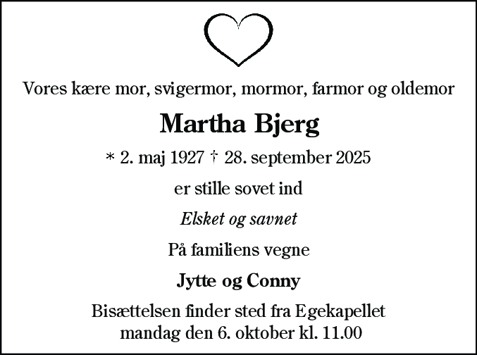 Dødsannonce for Martha Marie Bjerg