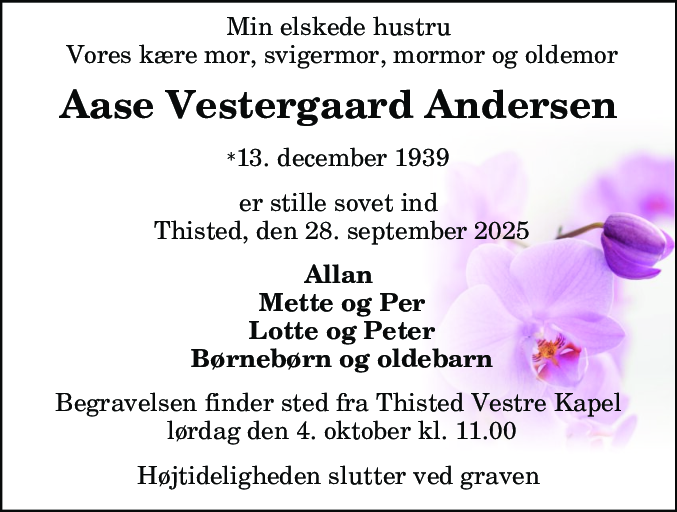Dødsannonce for Aase Vestergaard Andersen