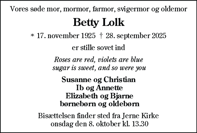 Dødsannonce for Betty Lolk