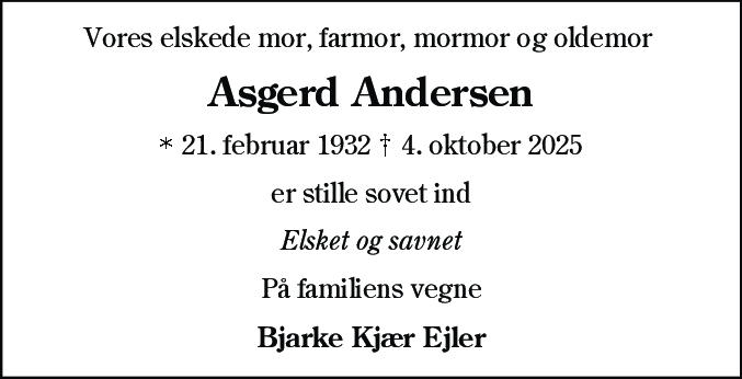 Dødsannonce for Asgerd Andersen