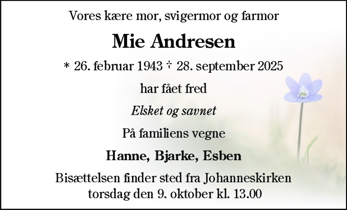 Dødsannonce for Mie Marie Andresen