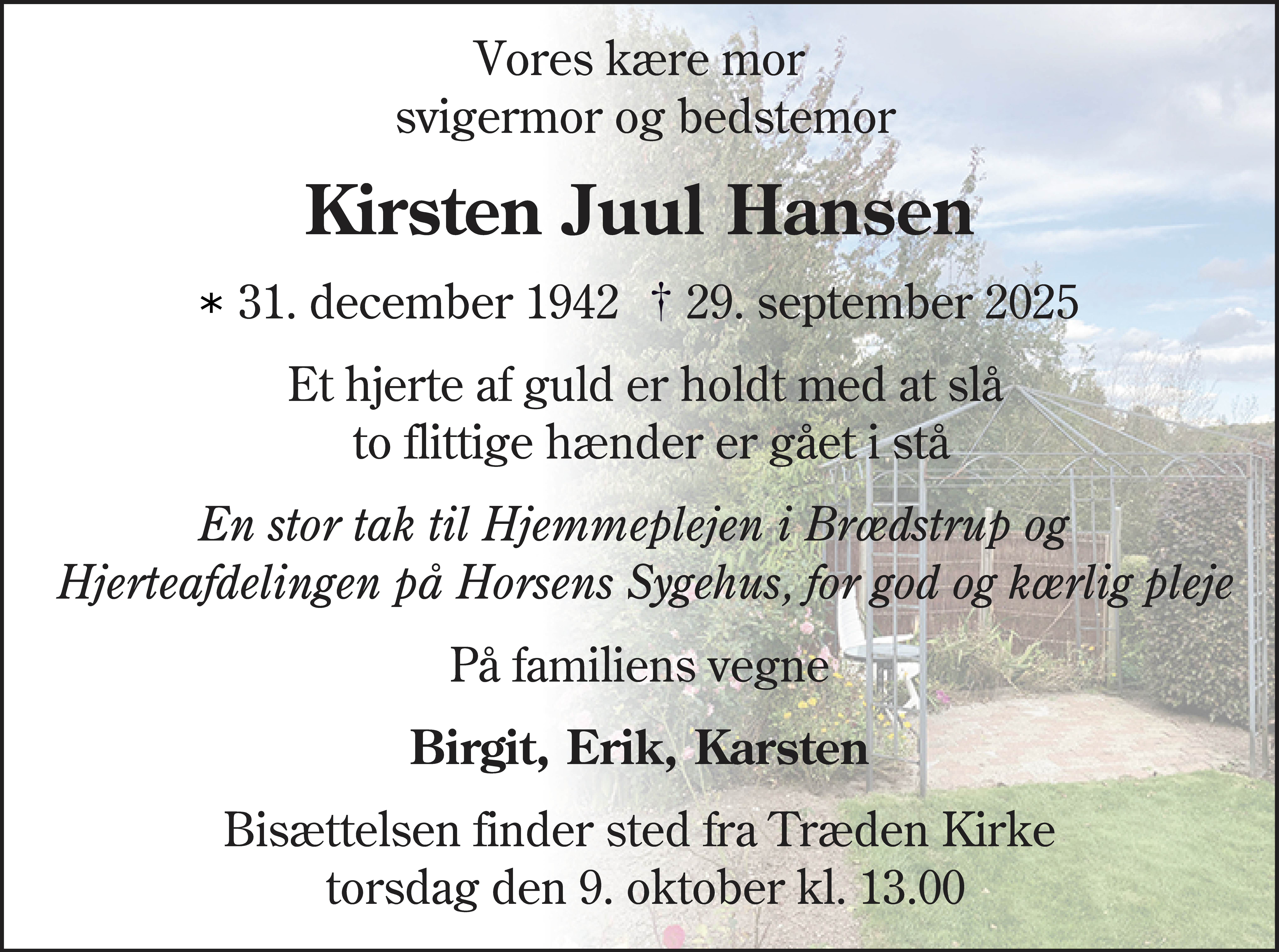 Dødsannonce for Kirsten Juul Hansen