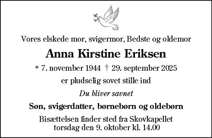 Dødsannonce for Anna Kirstine Eriksen