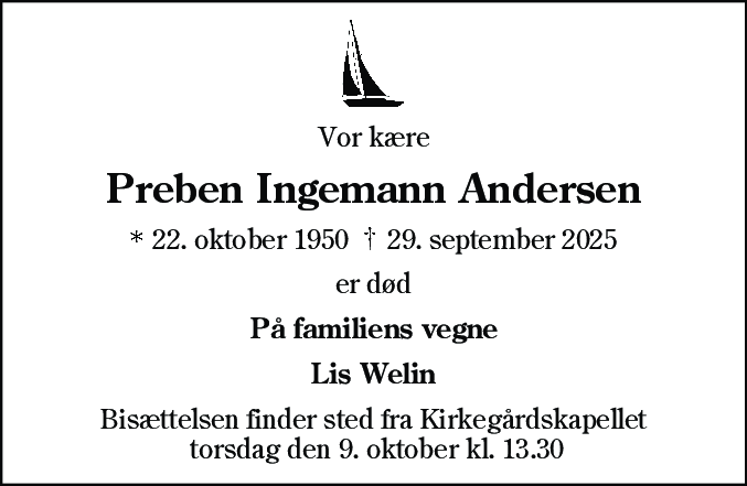 Dødsannonce for Preben Ingemann Andersen