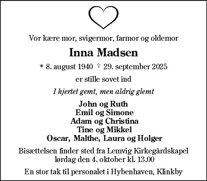 Dødsannonce for Inna Madsen