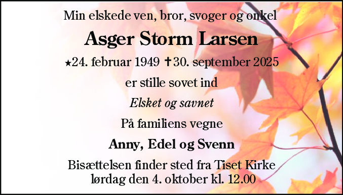 Dødsannonce for Asger Storm Larsen
