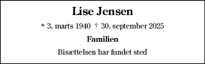 Dødsannonce for Lise Jensen
