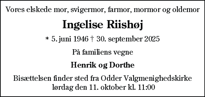 Dødsannonce for Ingelise Riishøj