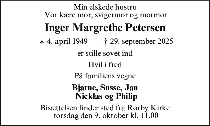 Dødsannonce for Inger Margrethe Petersen