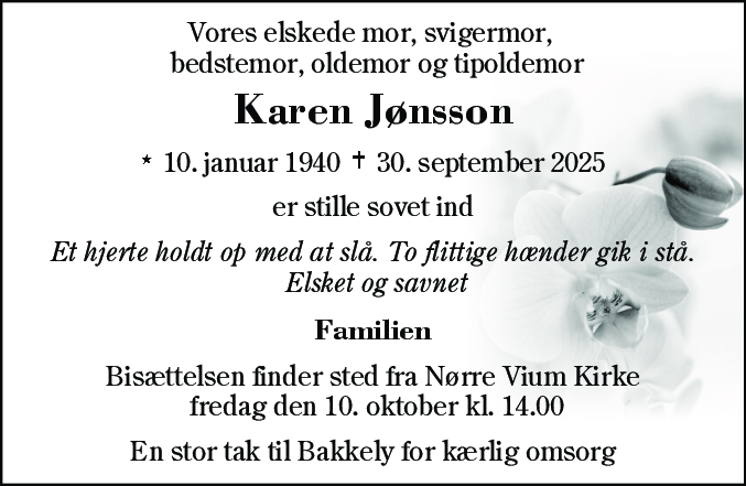 Dødsannonce for Karen Jønsson