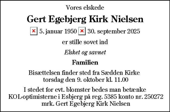 Dødsannonce for Gert Egebjerg Kirk Nielsen