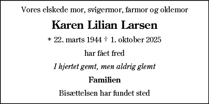 Dødsannonce for Karen Lilian Larsen
