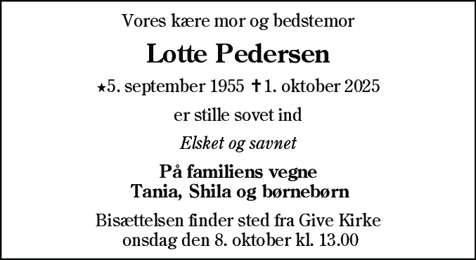 Dødsannonce for Lotte Pedersen