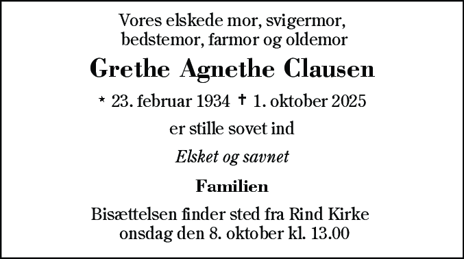 Dødsannonce for Grethe Agnethe Clausen