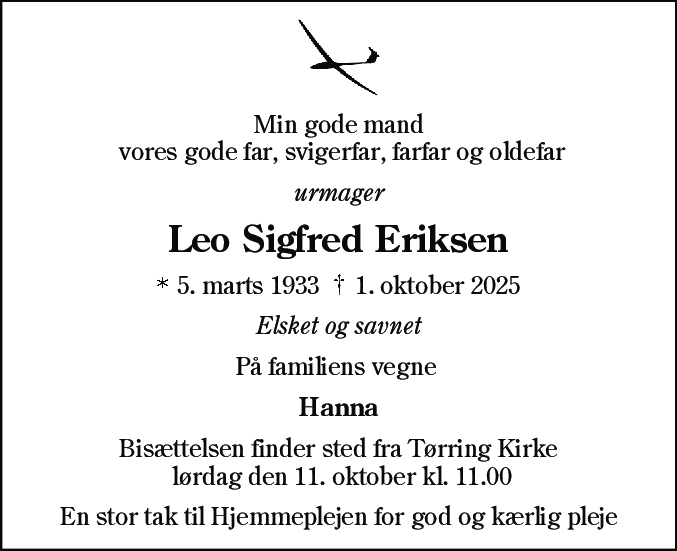Dødsannonce for Leo Sigfred Eriksen
