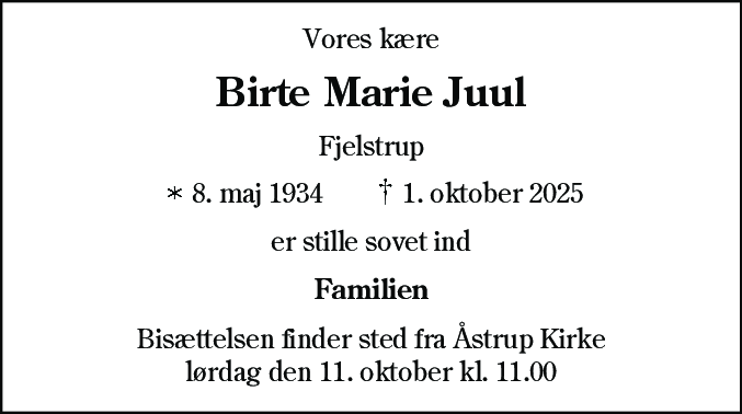 Dødsannonce for Birte Marie Juul