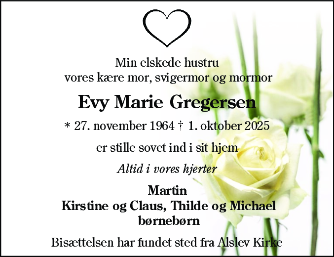 Dødsannonce for Evy Marie Gregersen