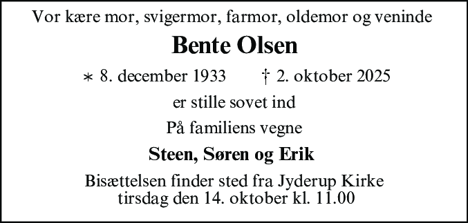 Dødsannonce for Bente Olsen