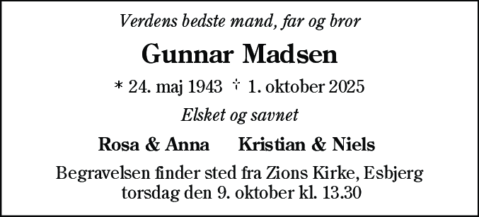 Dødsannonce for Gunnar Madsen