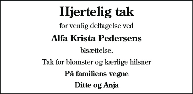 Dødsannonce for Alfa Krista Pedersen