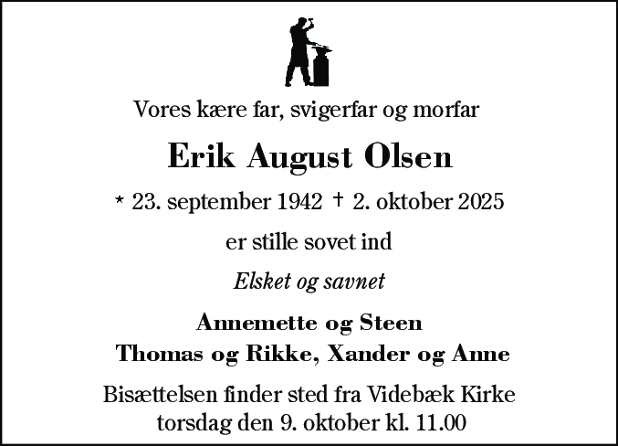 Dødsannonce for Erik August Olsen