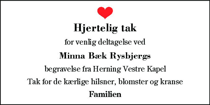 Dødsannonce for Minna Bæk Rysbjerg