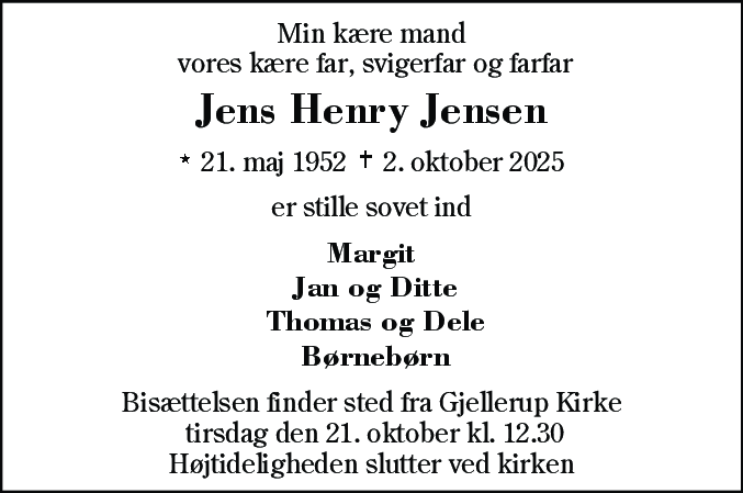 Dødsannonce for Jens Henry Jensen