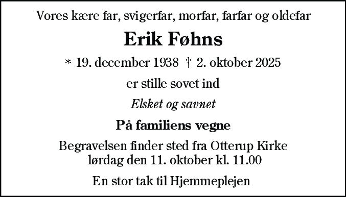 Dødsannonce for Erik Føhns