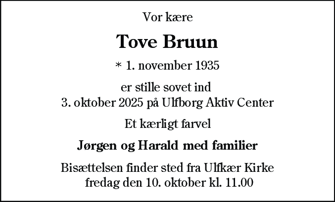 Dødsannonce for Tove Bruun