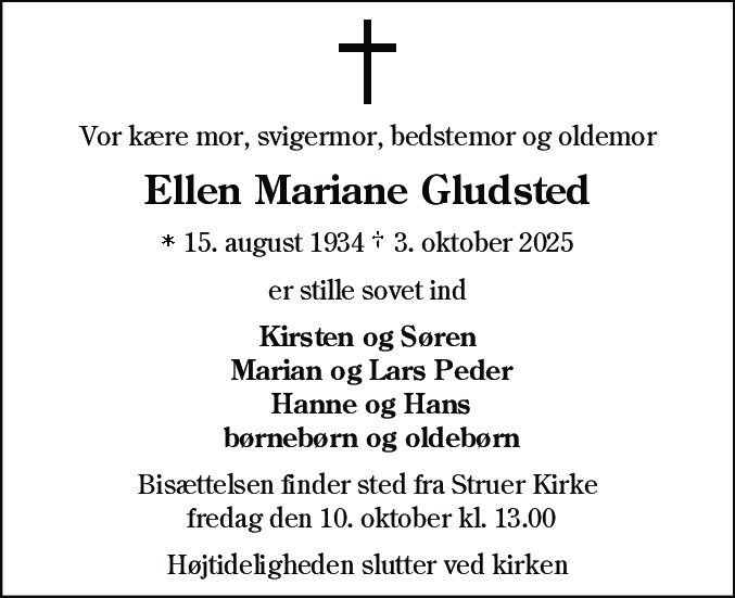 Dødsannonce for Ellen Mariane Gludsted
