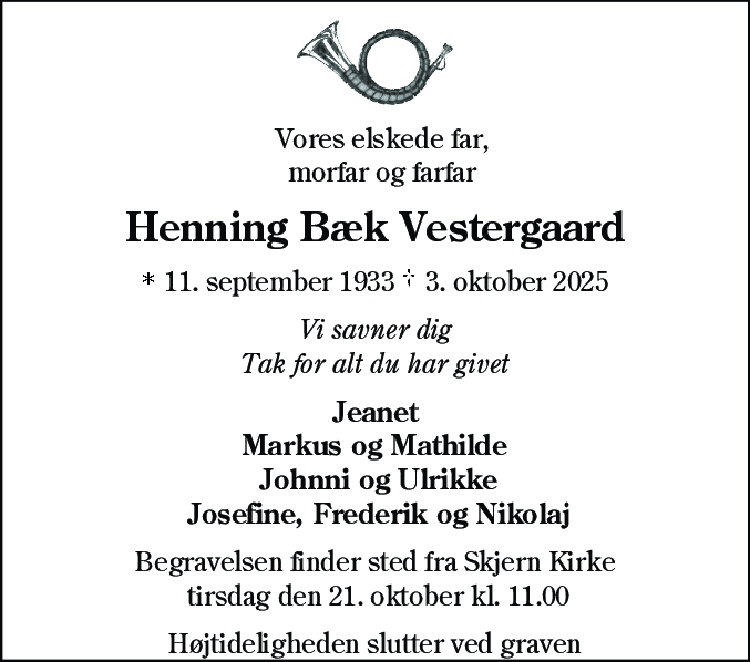 Dødsannonce for Henning Bæk Vestergaard