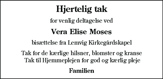 Dødsannonce for Vera Elise Mose