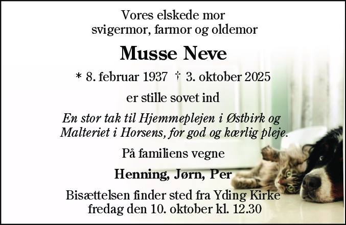 Dødsannonce for Musse Neve