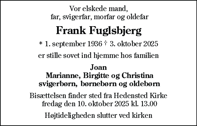 Dødsannonce for Frank Fuglsbjerg