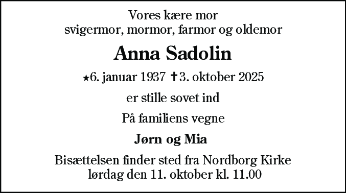 Dødsannonce for Anna Sadolin