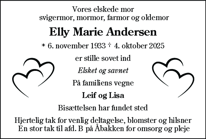 Dødsannonce for Elly Marie Andersen