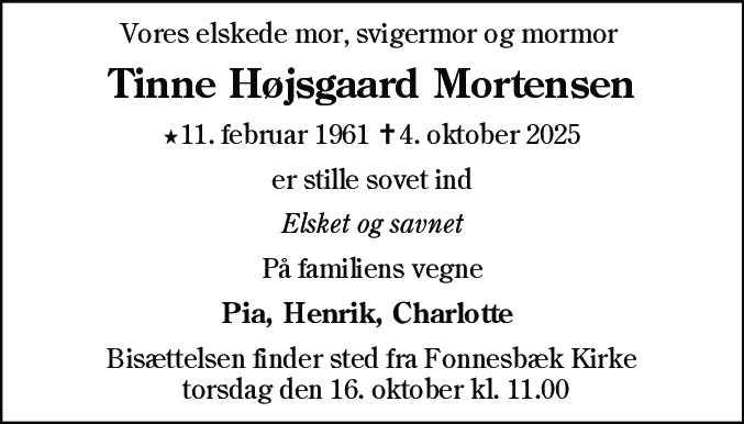 Dødsannonce for Tinne Højsgaard Mortensen