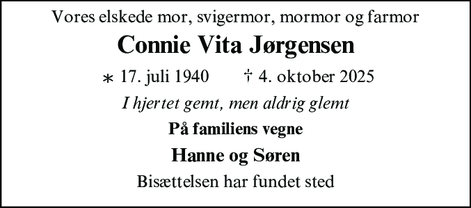 Dødsannonce for Connie Vita Jørgensen