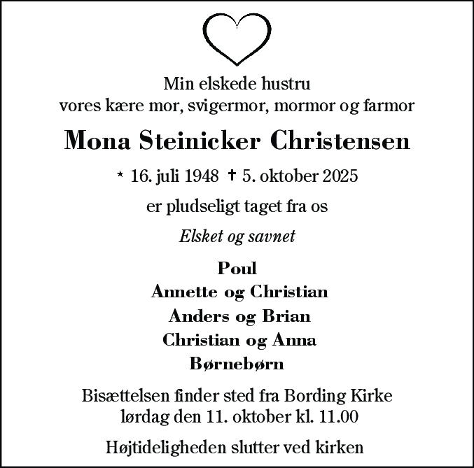Dødsannonce for Mona Steinicker Christensen