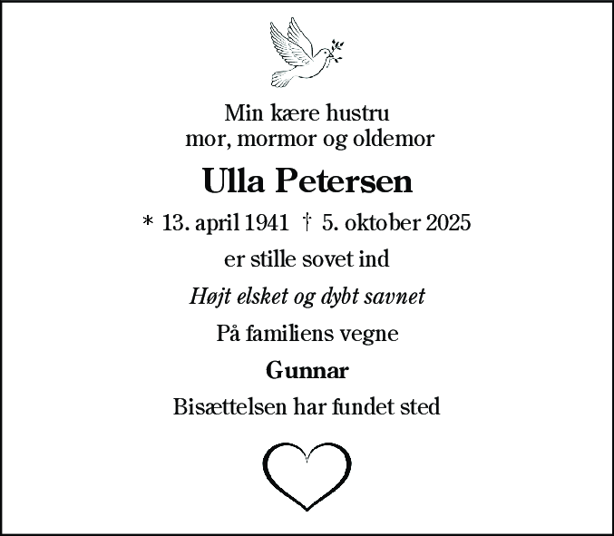 Dødsannonce for Ulla Petersen