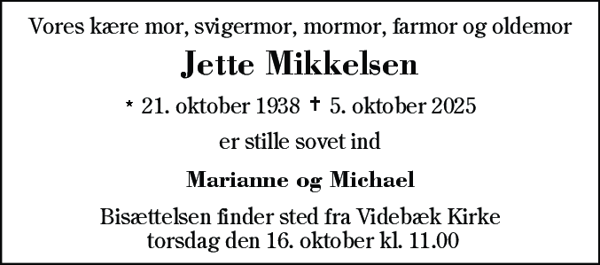 Dødsannonce for Jette Mikkelsen