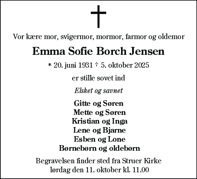 Dødsannonce for Emma Sofie Borch Jensen