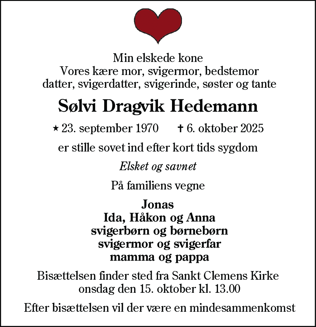 Dødsannonce for Sølvi Dragvik Hedemann