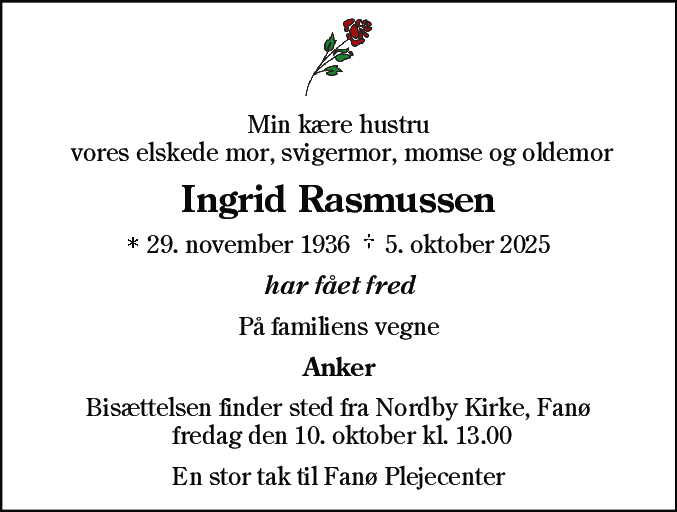 Dødsannonce for Ingrid Rasmussen