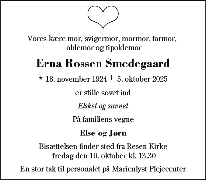 Dødsannonce for Erna Rossen Smedegaard