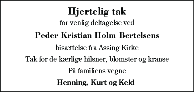 Dødsannonce for Peder Kristian Holm Bertelsen