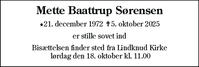 Dødsannonce for Mette Baattrup Sørensen