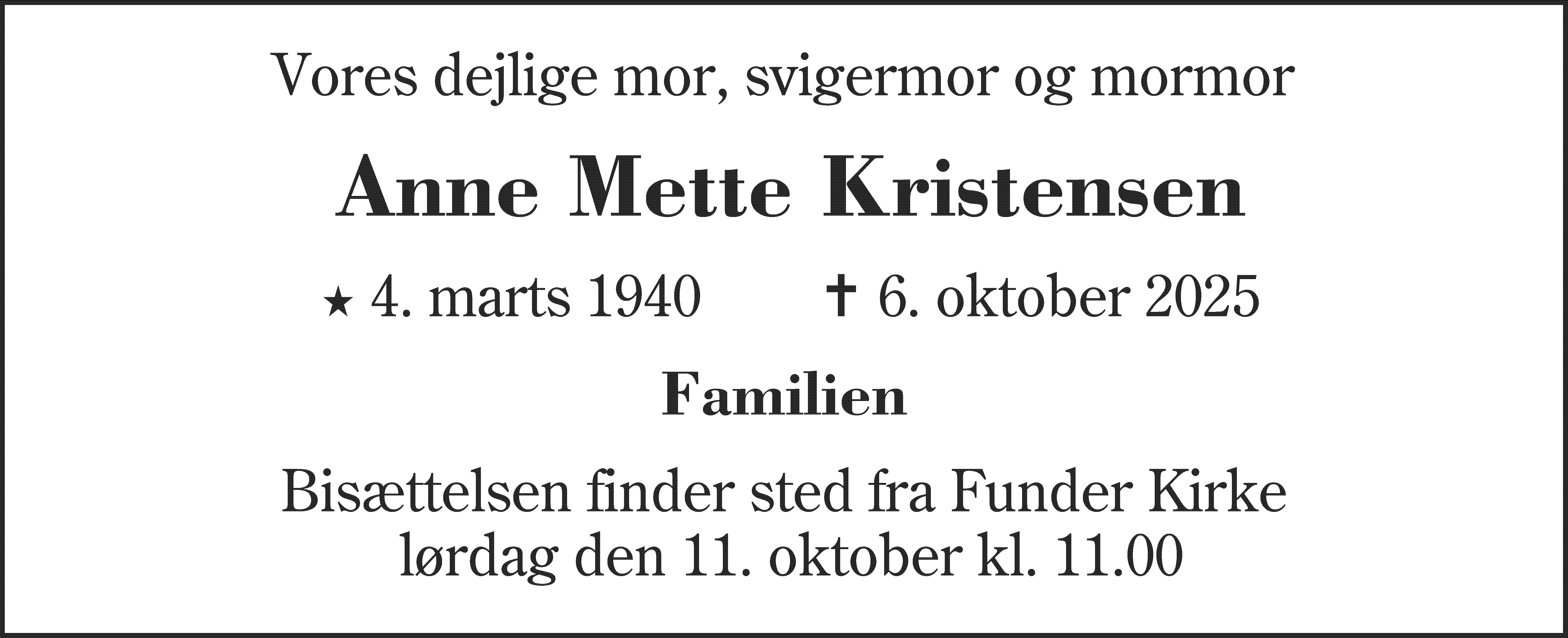 Dødsannonce for Anne Mette Kristensen
