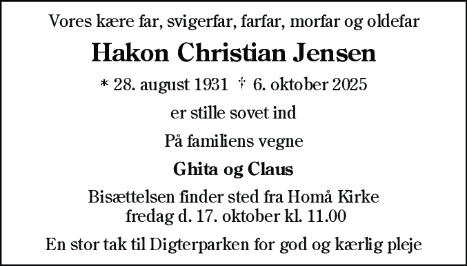 Dødsannonce for Hakon Christian Jensen