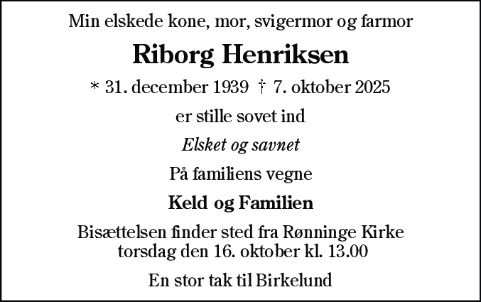 Dødsannonce for Riborg Henriksen